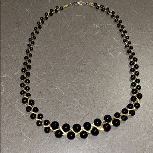 Elegant Dark Blue and Gold Beaded Necklace 8-9” fully clasped